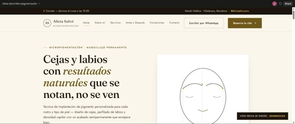Vista previa del diseño web para estudio de micropigmentación con paleta dorada y bronce