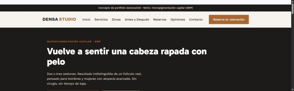 Vista previa de la web de ejemplo Densa Studio, concepto de portfolio para un estudio de micropigmentación capilar